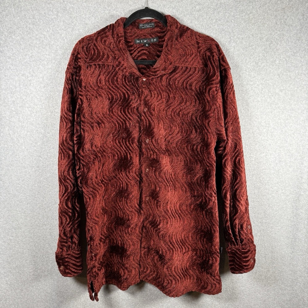 New Gen button up mens XL red textured shirt velour 90s vintage disco